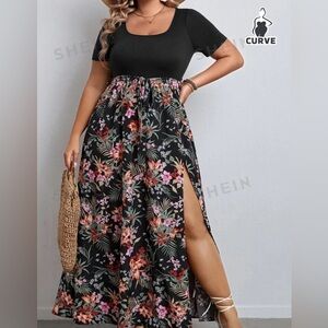 SHEIN VCAY Curve Tropical Print Split Thigh Maxi Dress.